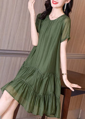 Boutique Blackish Green O-Neck Ruffles Cinched Vacation Dresses Short Sleeve gk-SDL220722