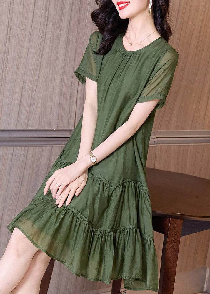 Boutique Blackish Green O-Neck Ruffles Cinched Vacation Dresses Short Sleeve gk-SDL220722