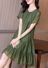 Boutique Blackish Green O-Neck Ruffles Cinched Vacation Dresses Short Sleeve gk-SDL220722