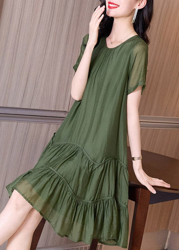 Boutique Blackish Green O-Neck Ruffles Cinched Vacation Dresses Short Sleeve gk-SDL220722