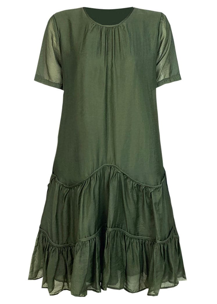 Boutique Blackish Green O-Neck Ruffles Cinched Vacation Dresses Short Sleeve gk-SDL220722