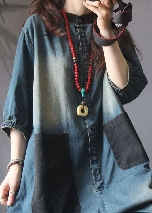 Boutique Blue Loose Button Pockets Fall Half Sleeve Denim Top dylinoshop