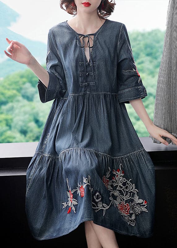 Boutique Blue V Neck Embroideried Cotton Holiday Denim Dress Half Sleeve NZ-SDL220606