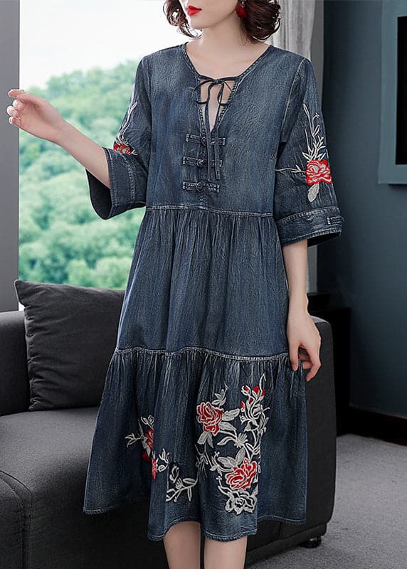 Boutique Blue V Neck Embroideried Cotton Holiday Denim Dress Half Sleeve NZ-SDL220606