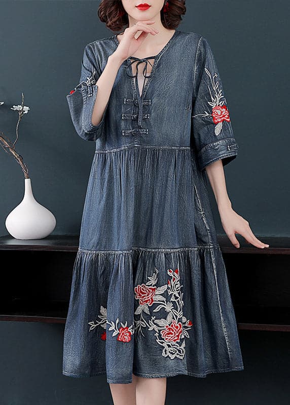 Boutique Blue V Neck Embroideried Cotton Holiday Denim Dress Half Sleeve NZ-SDL220606