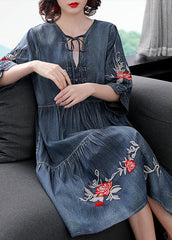 Boutique Blue V Neck Embroideried Cotton Holiday Denim Dress Half Sleeve NZ-SDL220606