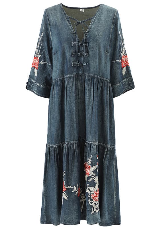 Boutique Blue V Neck Embroideried Cotton Holiday Denim Dress Half Sleeve NZ-SDL220606