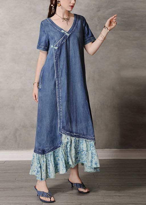 Boutique Blue V Neck Patchwork Cotton Denim Dress Short Sleeve nz-SDL220304