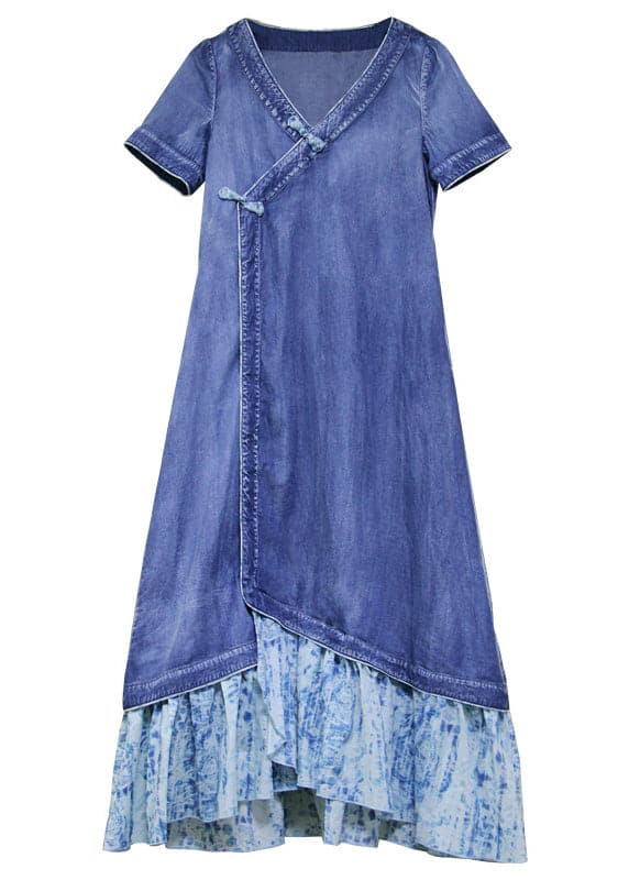 Boutique Blue V Neck Patchwork Cotton Denim Dress Short Sleeve nz-SDL220304