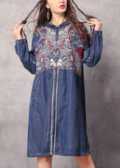 Boutique Blue zippered Hooded Embroideried Pockets Denim trench coats Spring nz-TCT220304