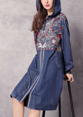 Boutique Blue zippered Hooded Embroideried Pockets Denim trench coats Spring nz-TCT220304