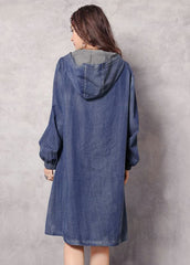 Boutique Blue zippered Hooded Embroideried Pockets Denim trench coats Spring nz-TCT220304