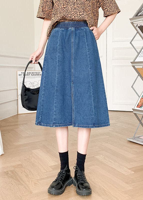 Boutique Denim Blue Solid Elastic Waist Side Open Cotton A Line Skirt Summer nz-SKTS220524