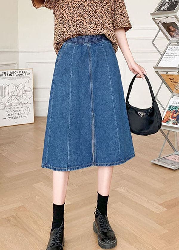 Boutique Denim Blue Solid Elastic Waist Side Open Cotton A Line Skirt Summer nz-SKTS220524