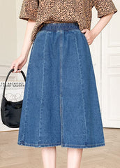 Boutique Denim Blue Solid Elastic Waist Side Open Cotton A Line Skirt Summer nz-SKTS220524