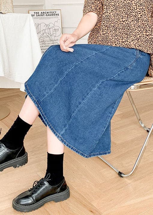 Boutique Denim Blue Solid Elastic Waist Side Open Cotton A Line Skirt Summer nz-SKTS220524