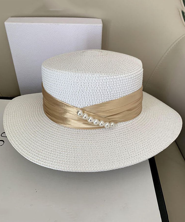 Boutique Khaki Pearl Straw Woven Beach Floppy Sun Hat dylinoshop