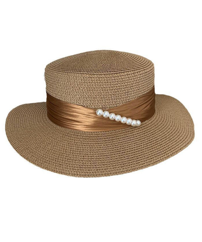 Boutique Khaki Pearl Straw Woven Beach Floppy Sun Hat dylinoshop