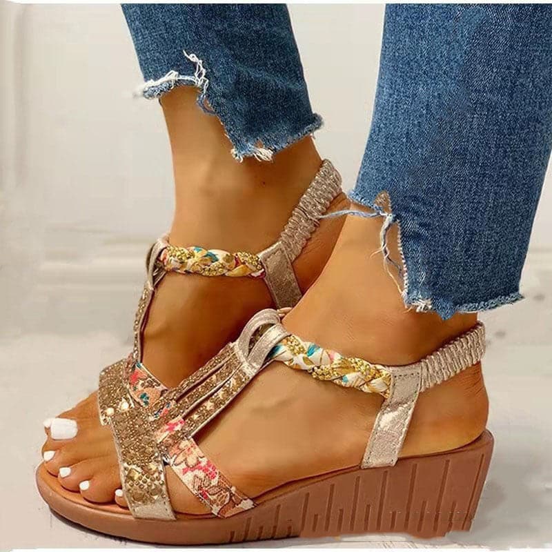 Boutique Peep Toe Wedge Sandals Golden Gemstone Faux Leather Walking Sandals Boho-LX220531