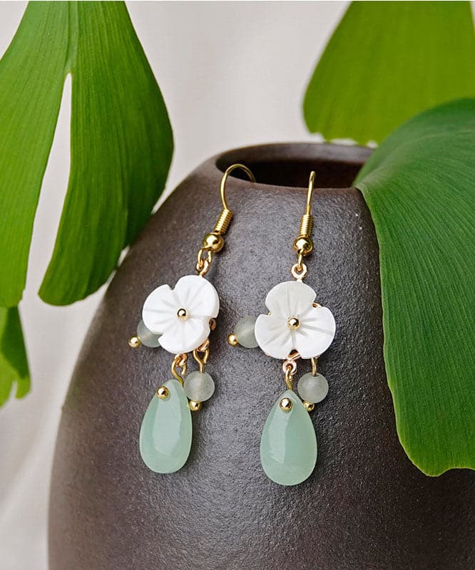 Boutique White Flower Jade 14K Gold Drop Earrings Jew-EAR220805