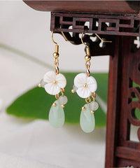 Boutique White Flower Jade 14K Gold Drop Earrings Jew-EAR220805