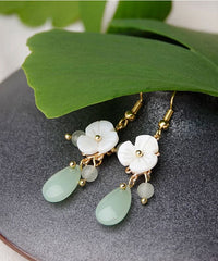 Boutique White Flower Jade 14K Gold Drop Earrings Jew-EAR220805