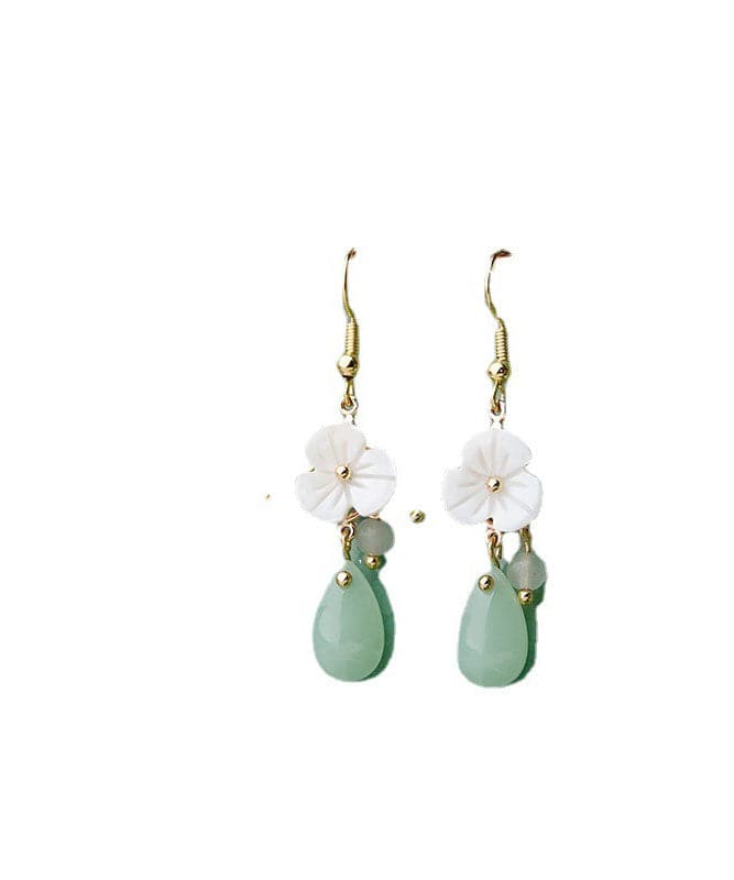 Boutique White Flower Jade 14K Gold Drop Earrings Jew-EAR220805