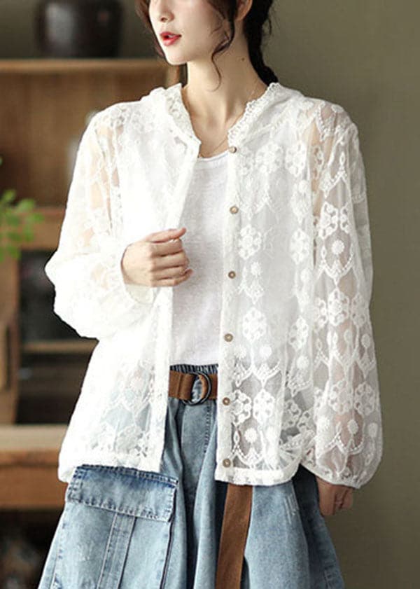 Boutique White Hooded Lace UPF 50+ Coat Cardigans Summer GK-CDG220516