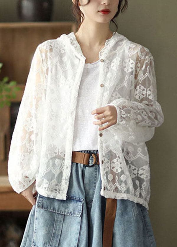 Boutique White Hooded Lace UPF 50+ Coat Cardigans Summer GK-CDG220516