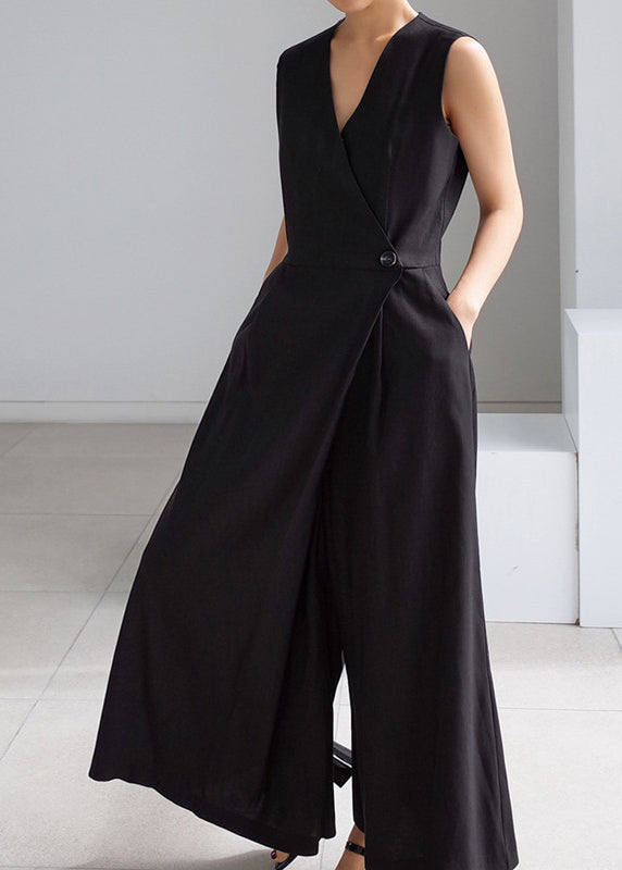 Brief Black V Neck Button Pockets Jumpsuits Summer dylinoshop