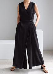 Brief Black V Neck Button Pockets Jumpsuits Summer dylinoshop