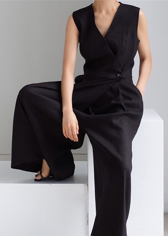 Brief Black V Neck Button Pockets Jumpsuits Summer dylinoshop