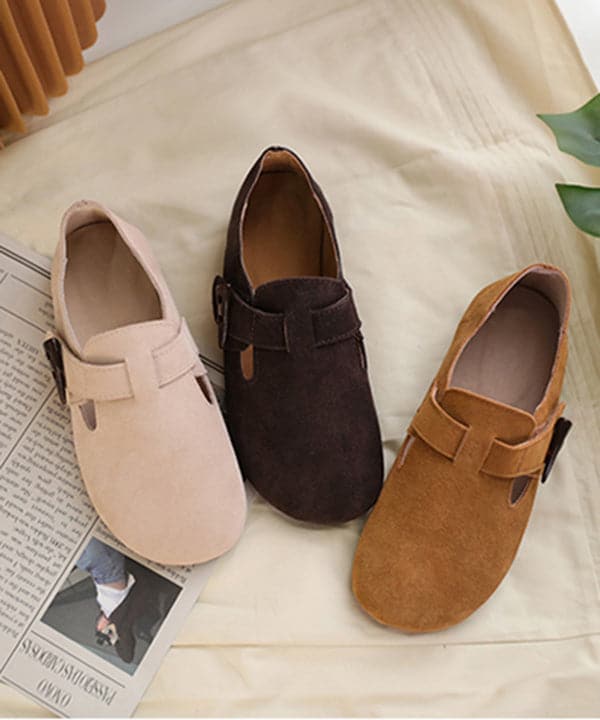 Camel Flat Feet Shoes Suede Cowhide Leather Buckle Strap Flats SHOE-PDX220328