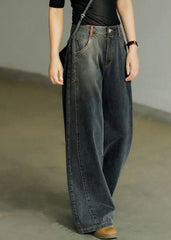 Casual Black High Waist Zip Up Draping Pockets Cotton Denim Wide Leg Pants Summer nz-LPTS220519