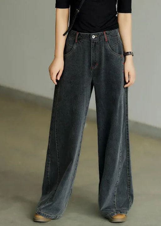 Casual Black High Waist Zip Up Draping Pockets Cotton Denim Wide Leg Pants Summer nz-LPTS220519