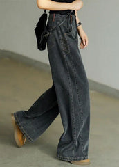 Casual Black High Waist Zip Up Draping Pockets Cotton Denim Wide Leg Pants Summer nz-LPTS220519