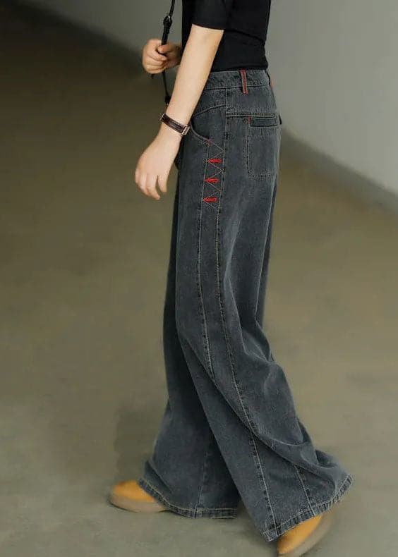 Casual Black High Waist Zip Up Draping Pockets Cotton Denim Wide Leg Pants Summer nz-LPTS220519