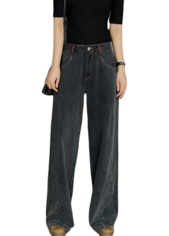 Casual Black High Waist Zip Up Draping Pockets Cotton Denim Wide Leg Pants Summer nz-LPTS220519