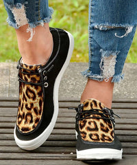 Casual Black Leopard Print Flat Feet Shoes Splicing Lace Up Flat Feet Shoes GW-PDX22061501