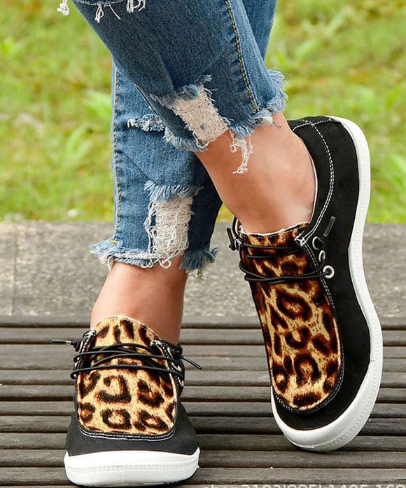 Casual Black Leopard Print Flat Feet Shoes Splicing Lace Up Flat Feet Shoes GW-PDX22061501