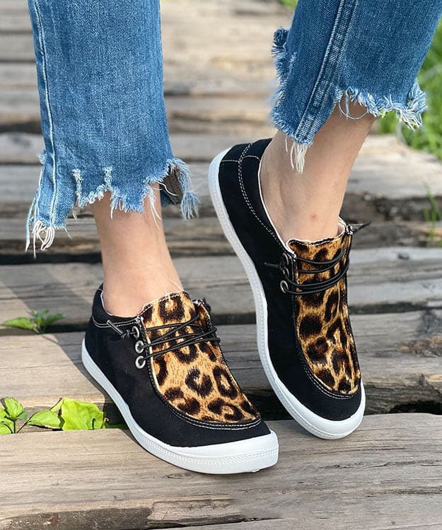 Casual Black Leopard Print Flat Feet Shoes Splicing Lace Up Flat Feet Shoes GW-PDX22061501