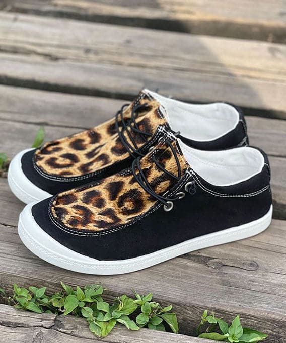 Casual Black Leopard Print Flat Feet Shoes Splicing Lace Up Flat Feet Shoes GW-PDX22061501