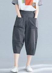 Casual Black Plaid Elastic Waist Pockets Cotton Crop Pants Trousers Summer GK-CPTS220623