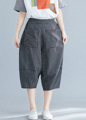 Casual Black Plaid Elastic Waist Pockets Cotton Crop Pants Trousers Summer GK-CPTS220623