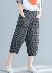 Casual Black Plaid Elastic Waist Pockets Cotton Crop Pants Trousers Summer GK-CPTS220623