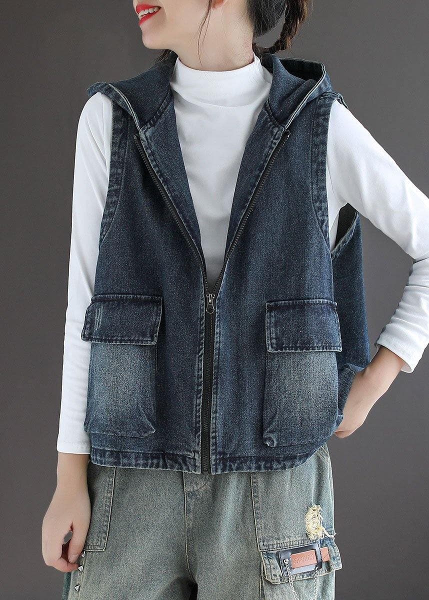 Casual Blue Denim Zippered Pockets Fall Sleeveless Waistcoat GK-VTP210810