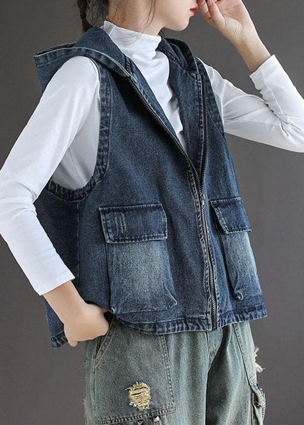 Casual Blue Denim Zippered Pockets Fall Sleeveless Waistcoat GK-VTP210810