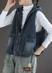 Casual Blue Denim Zippered Pockets Fall Sleeveless Waistcoat GK-VTP210810