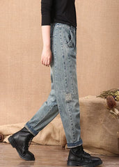 Casual Blue High Waist Button Pockets Patchwork Cotton Denim Pants Summer nz-LPTS220519