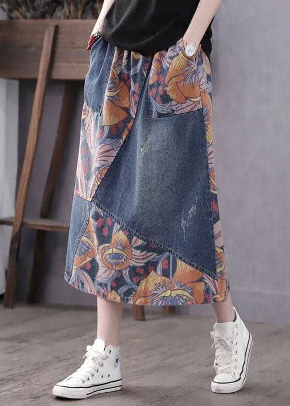 Casual Blue Pockets Patchwork Print A Line Fall Denim Skirts BSNZ-SKTS211014